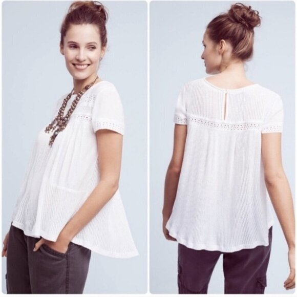 ANTHROPOLOGIE Meadow Rue Galicia Top White Eyelet Lace Ribbed Keyhole  XSmall - Picture 1 of 8